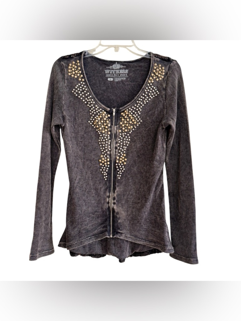 Y2K Witness Gray Dark Top Lace Mineral Wash Beaded Grunge Goth Whimsigoth M